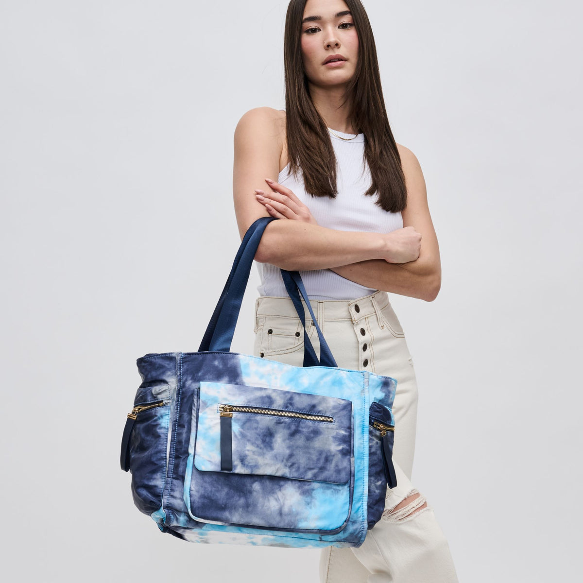 Woman wearing Denim Sol and Selene Gratitude Tote 841764105309 View 1 | Denim