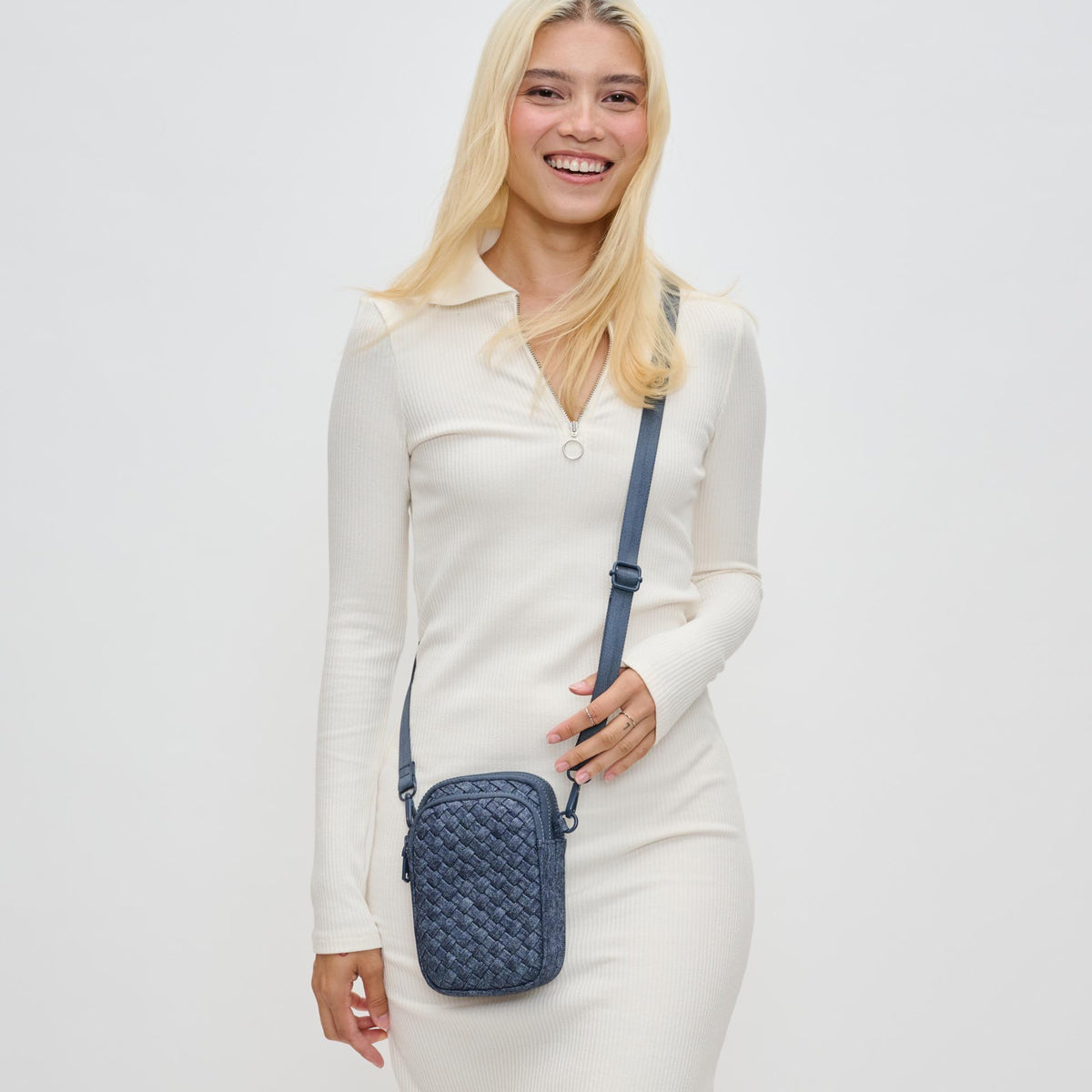 Woman wearing Dark Denim Sol and Selene Divide & Conquer - Woven Neoprene Crossbody 841764110235 View 2 | Dark Denim