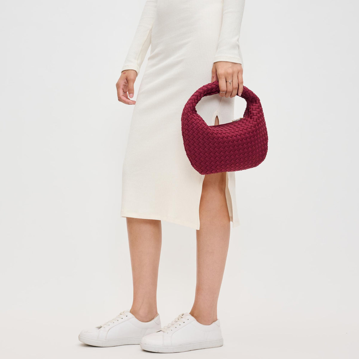 Woman wearing Wine Sol and Selene Dare to Dream - Small Woven Neoprene Clutch 841764111126 View 2 | Wine