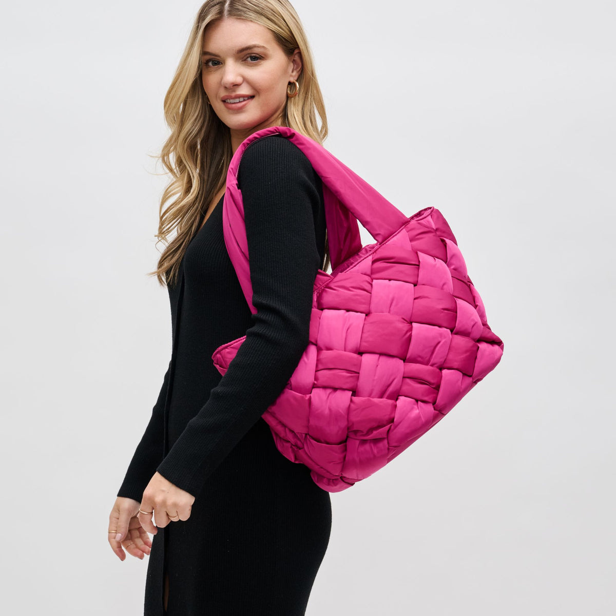 Woman wearing Magenta Sol and Selene Intuition East West Tote 841764107556 View 1 | Magenta