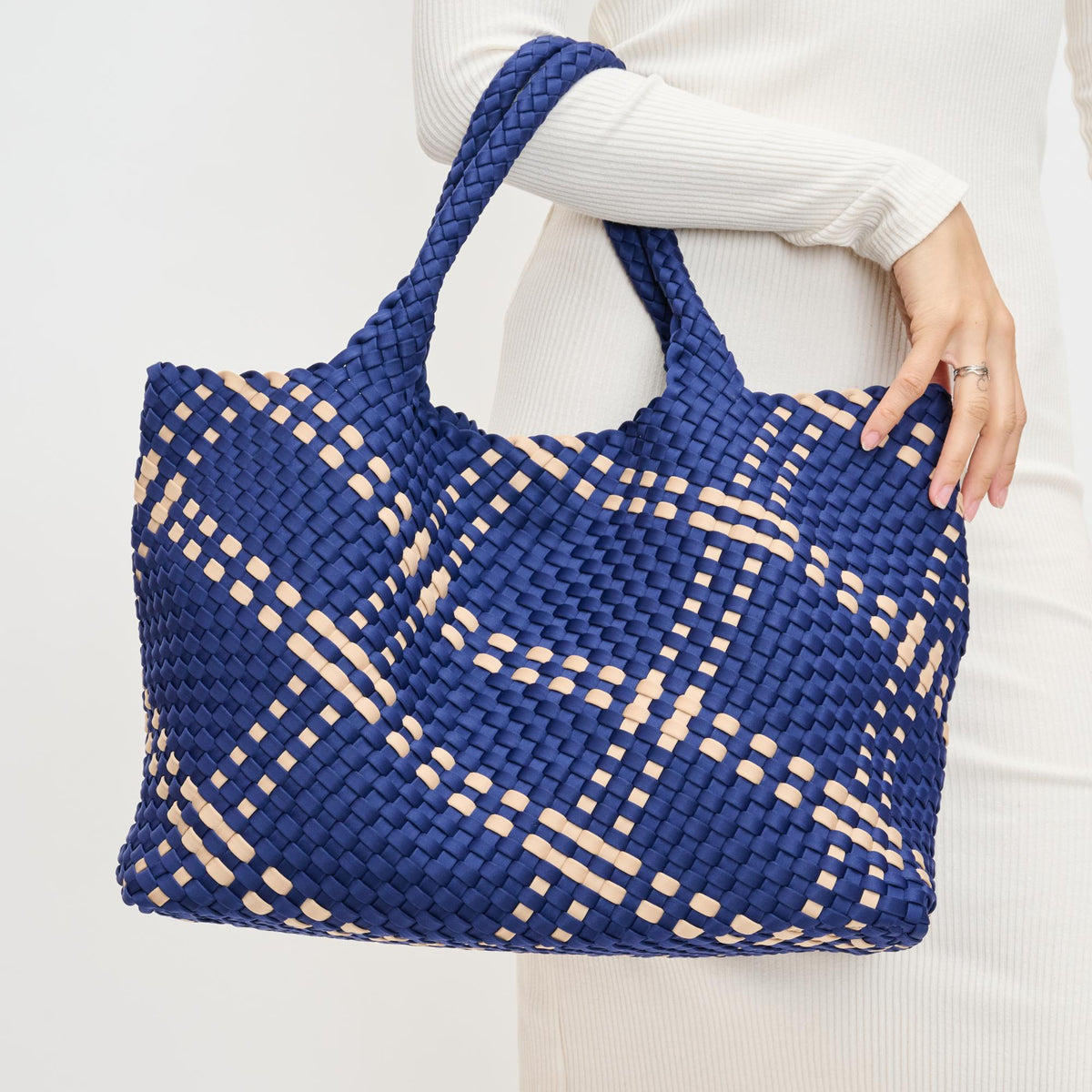 Woman wearing Navy Nude Sol and Selene Sky's The Limit - Large Tote 841764110259 View 4 | Navy Nude