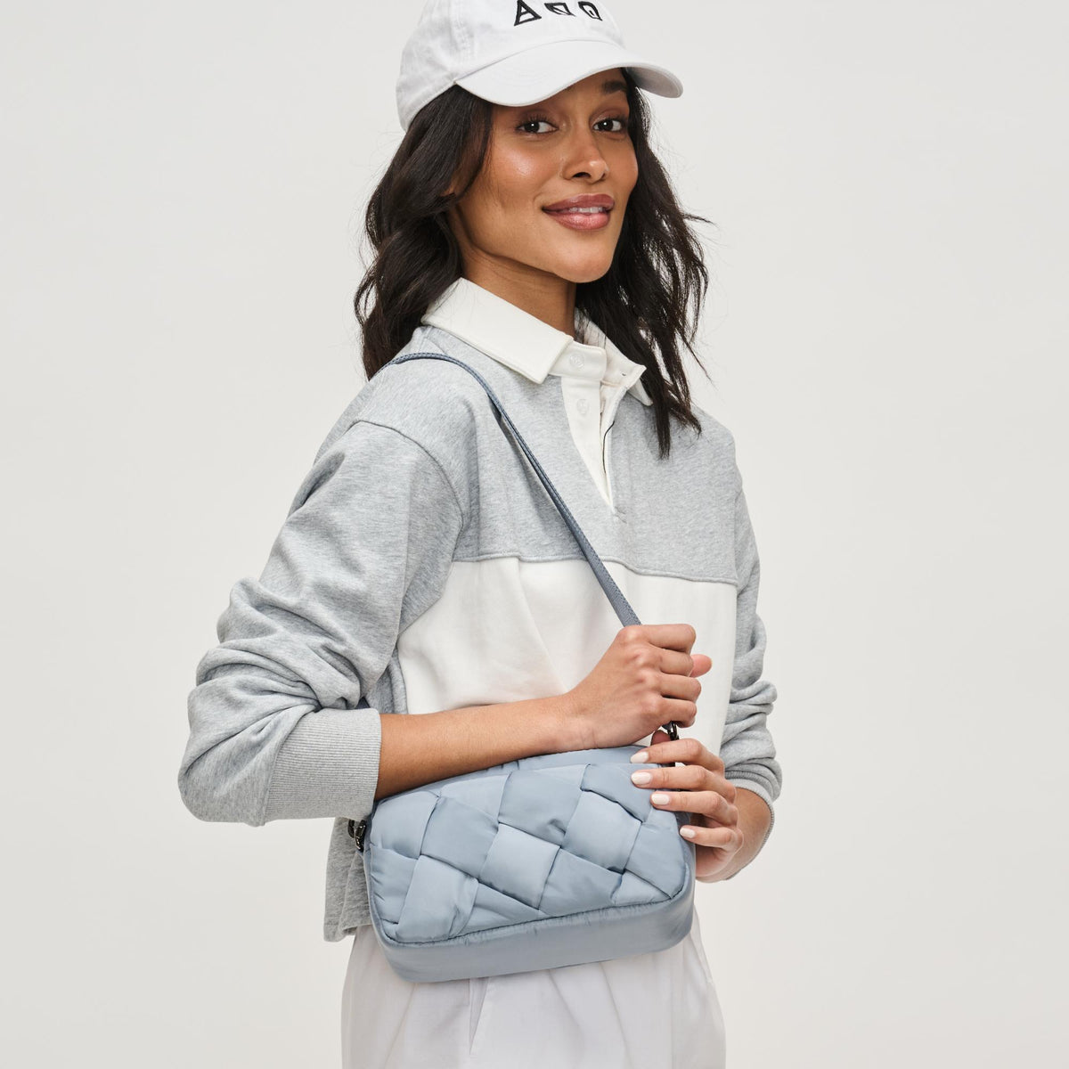 Woman wearing Slate Sky Sol and Selene Inspiration - Braided Woven Nylon Crossbody 841764111829 View 2 | Slate Sky