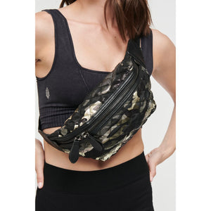 Woman wearing Green Metallic Camo Sol and Selene Side Kick Belt Bag 841764104951 View 1 | Green Metallic Camo