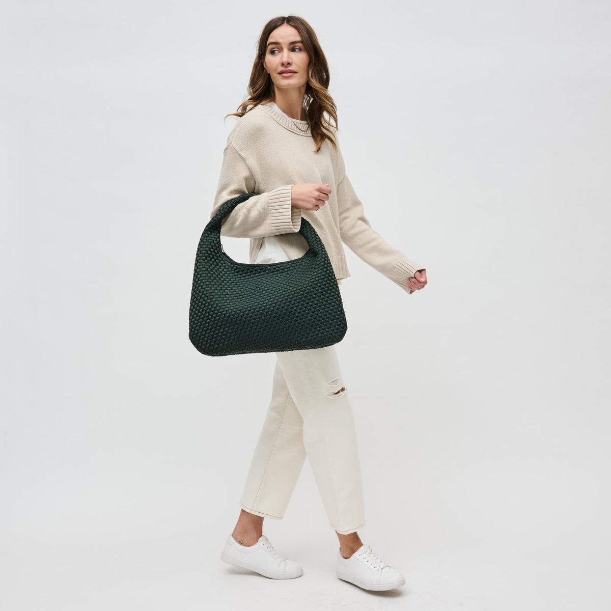 Woman wearing Olive Sol and Selene Dare to Dream - Large Woven Neoprene Hobo 841764110952 View 3 | Olive