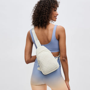 Woman wearing Bone Sol and Selene Beyond The Horizon - Woven Neoprene Sling Backpack 841764109062 View 1 | Bone