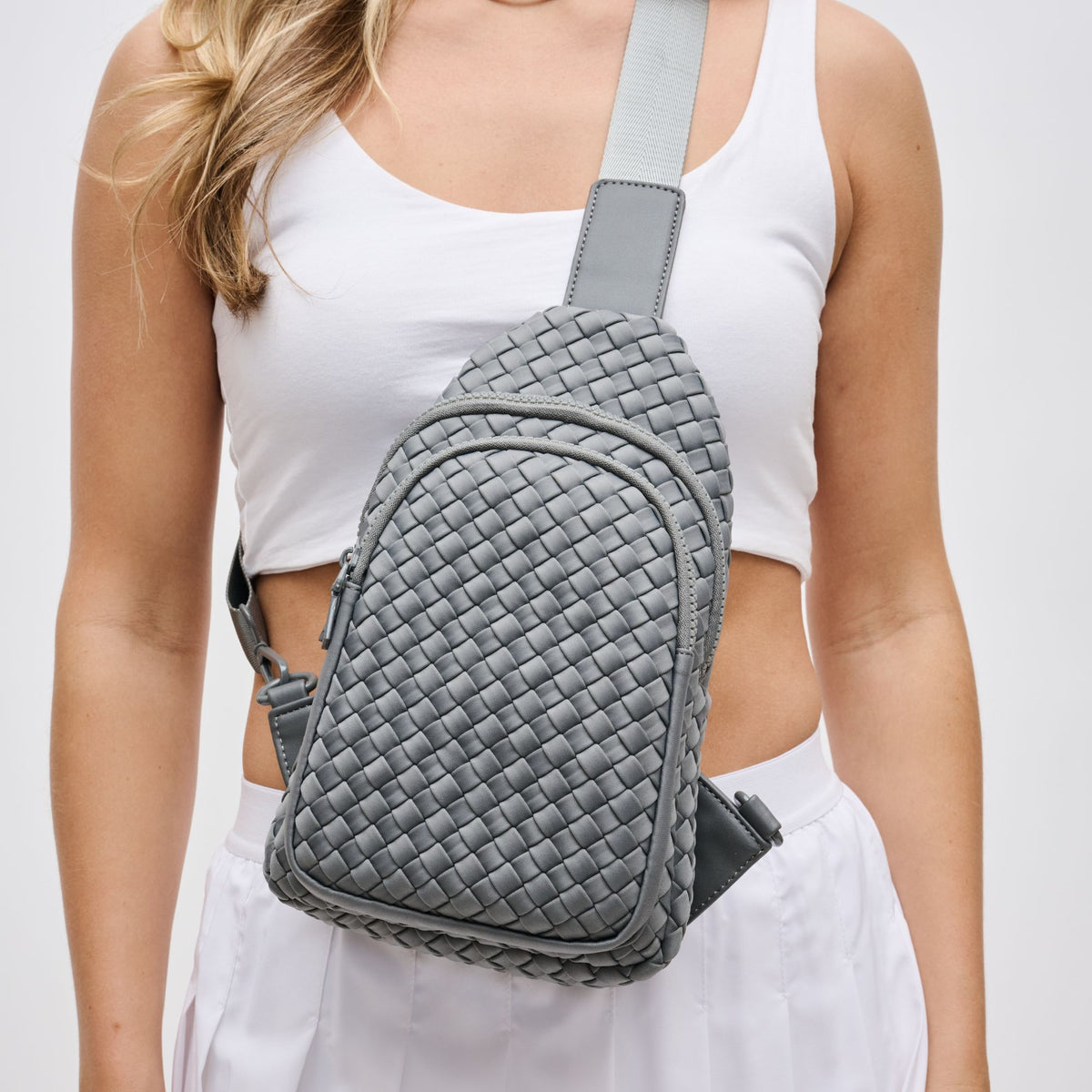 Woman wearing Grey Sol and Selene Beyond The Horizon - Woven Neoprene Sling Backpack 841764108065 View 4 | Grey