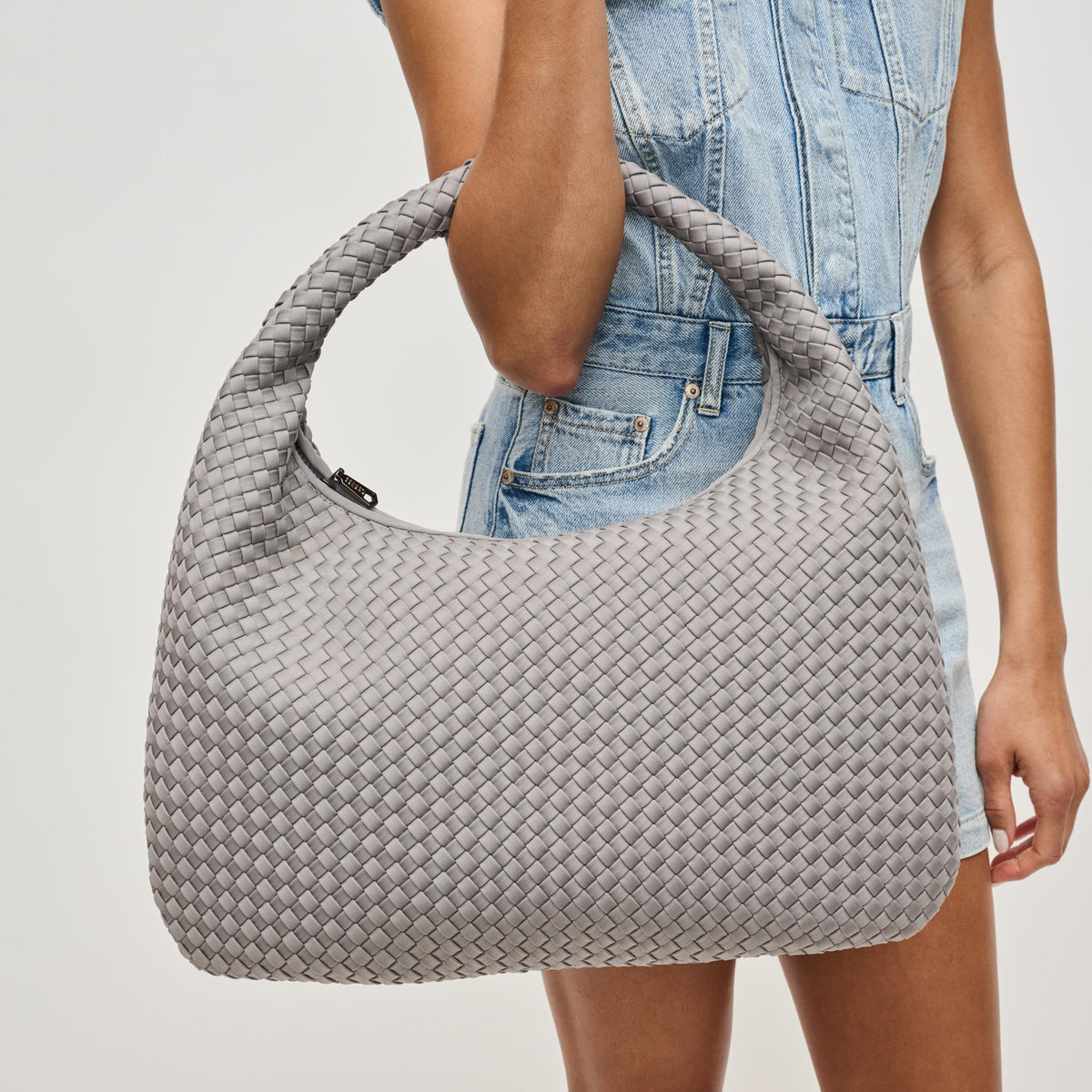 Woman wearing Fog Sol and Selene Dare to Dream - Large Woven Neoprene Hobo 841764111447 View 4 | Fog