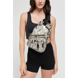 Woman wearing Seafoam Metallic Camo Sol and Selene On The Go - Nylon Sling Backpack 841764105422 View 1 | Seafoam Metallic Camo