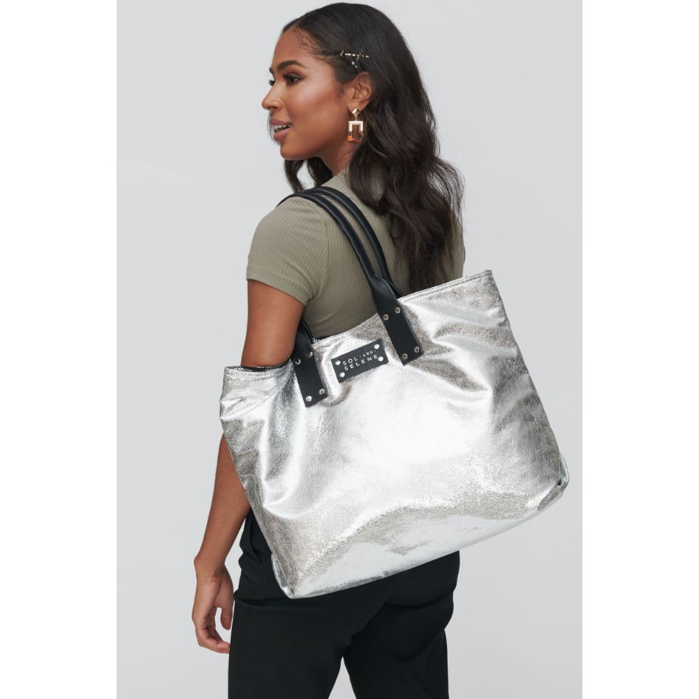 Woman wearing Silver Sol and Selene It Girl Tote 609224404498 View 4 | Silver