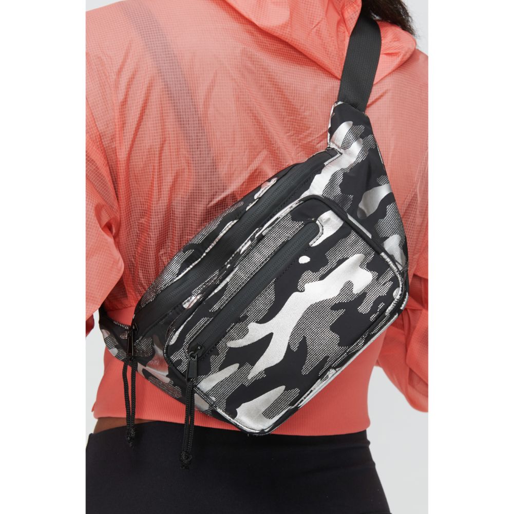 Woman wearing Silver Metallic Camo Sol and Selene Hands Down Belt Bag 841764104517 View 2 | Silver Metallic Camo