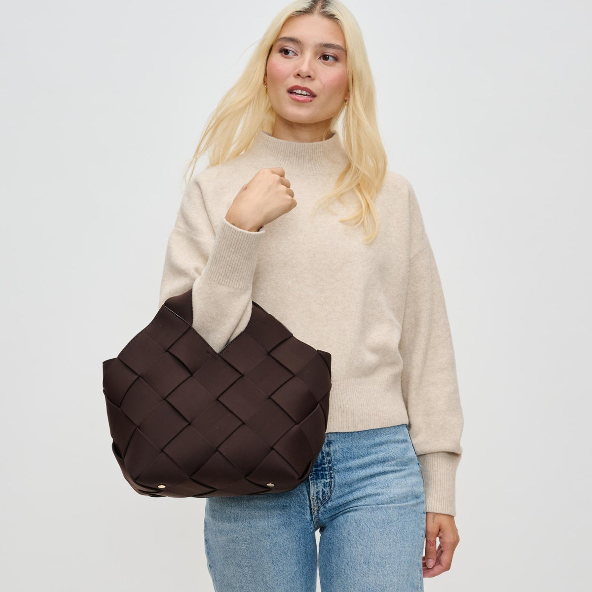 Woman wearing Chocolate Sol and Selene Resilience - Woven Neoprene Tote 841764110129 View 1 | Chocolate