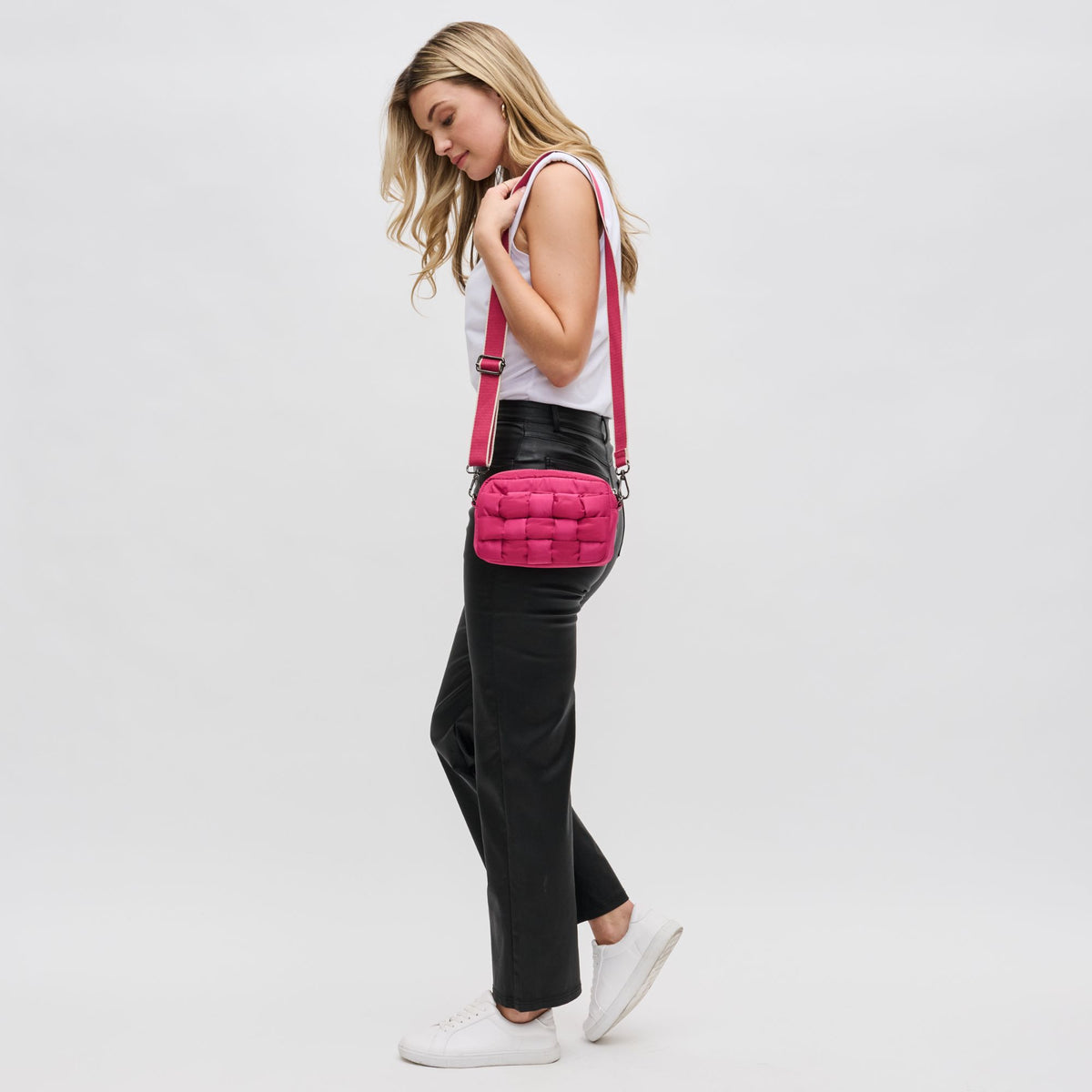 Woman wearing Magenta Sol and Selene Inspiration - Woven Nylon Crossbody 841764107600 View 3 | Magenta