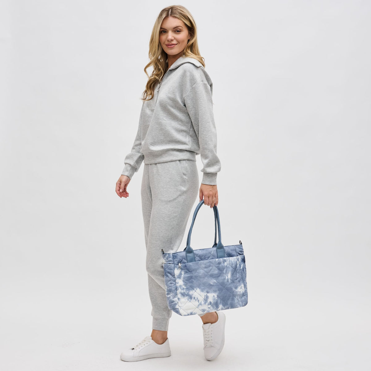 Woman wearing Slate Cloud Sol and Selene Motivator East West Tote 841764106337 View 2 | Slate Cloud