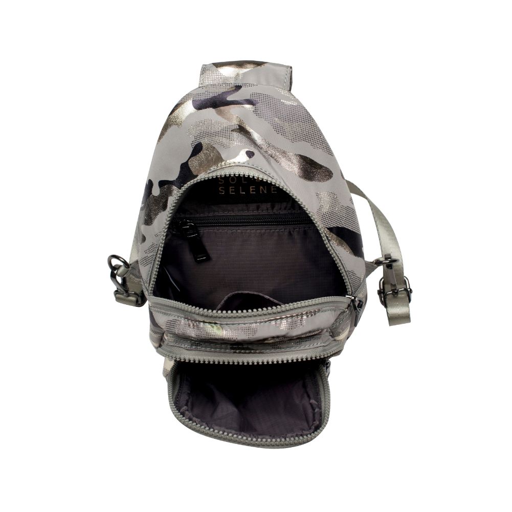 Product Image of Sol and Selene On The Run Sling Backpack 841764105453 View 8 | Seafoam Metallic Camo