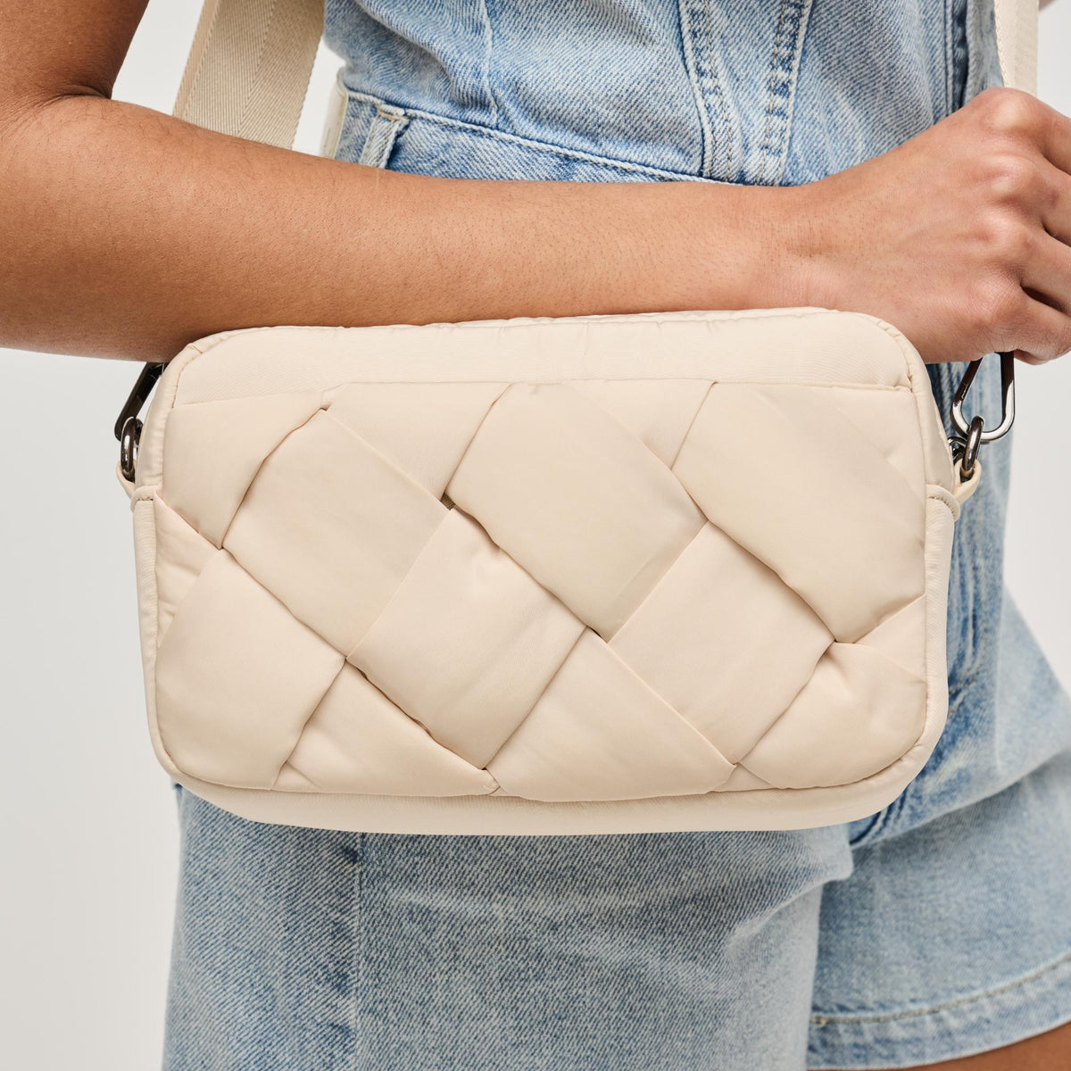 Woman wearing Cream Sol and Selene Inspiration - Braided Woven Nylon Crossbody 841764111799 View 4 | Cream