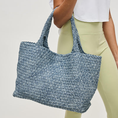 Woman wearing Denim Sol and Selene Sky's The Limit - Large Denim Tote 841764111348 View 1 | Denim