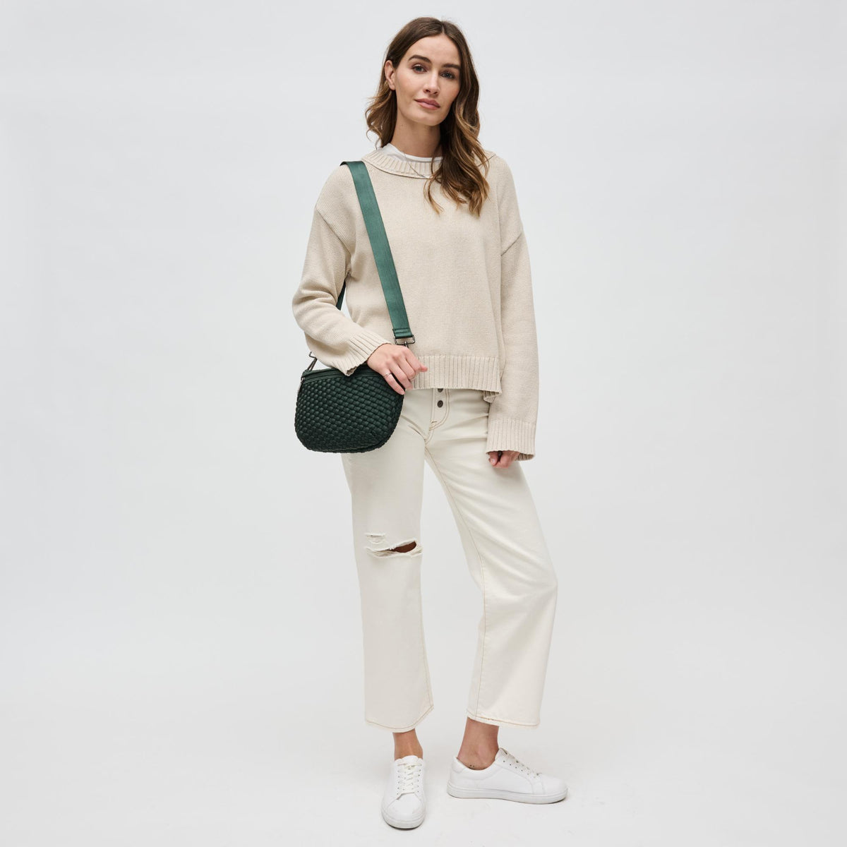 Woman wearing Olive Sol and Selene Ethereal - Woven Neoprene Crossbody 841764110891 View 3 | Olive