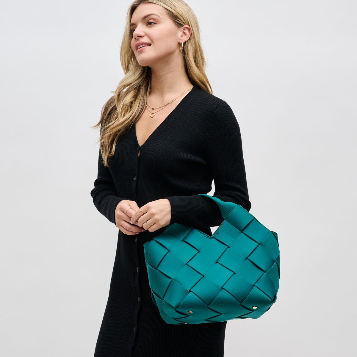 Woman wearing Forest Sol and Selene Resilience - Woven Neoprene Tote 841764108591 View 1 | Forest