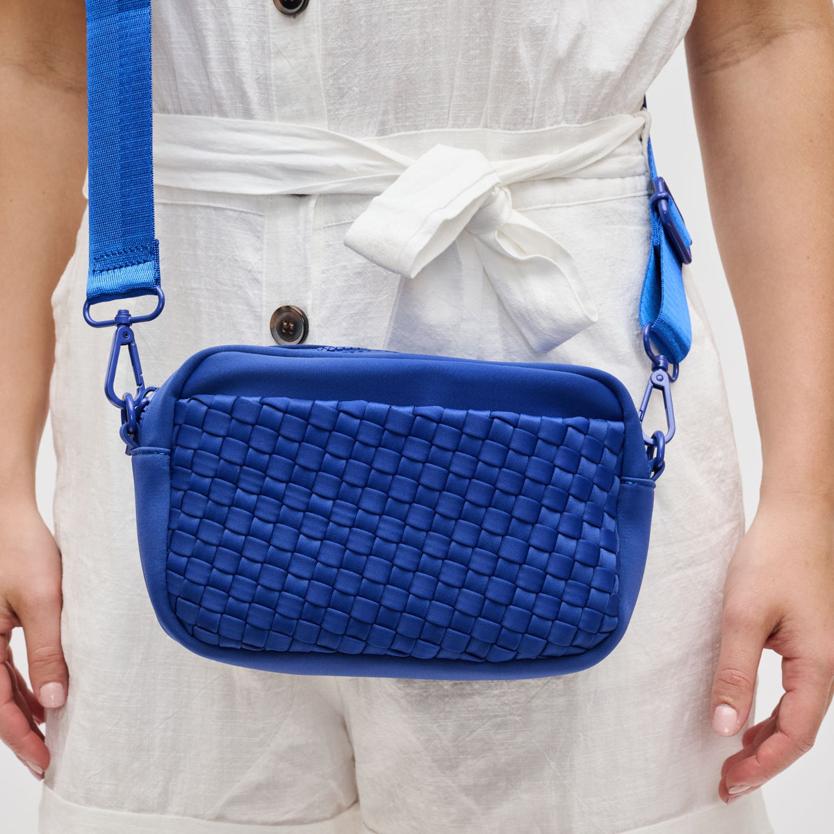 Woman wearing Royal Blue Sol and Selene Inspiration - Woven Neoprene Crossbody 841764108362 View 4 | Royal Blue