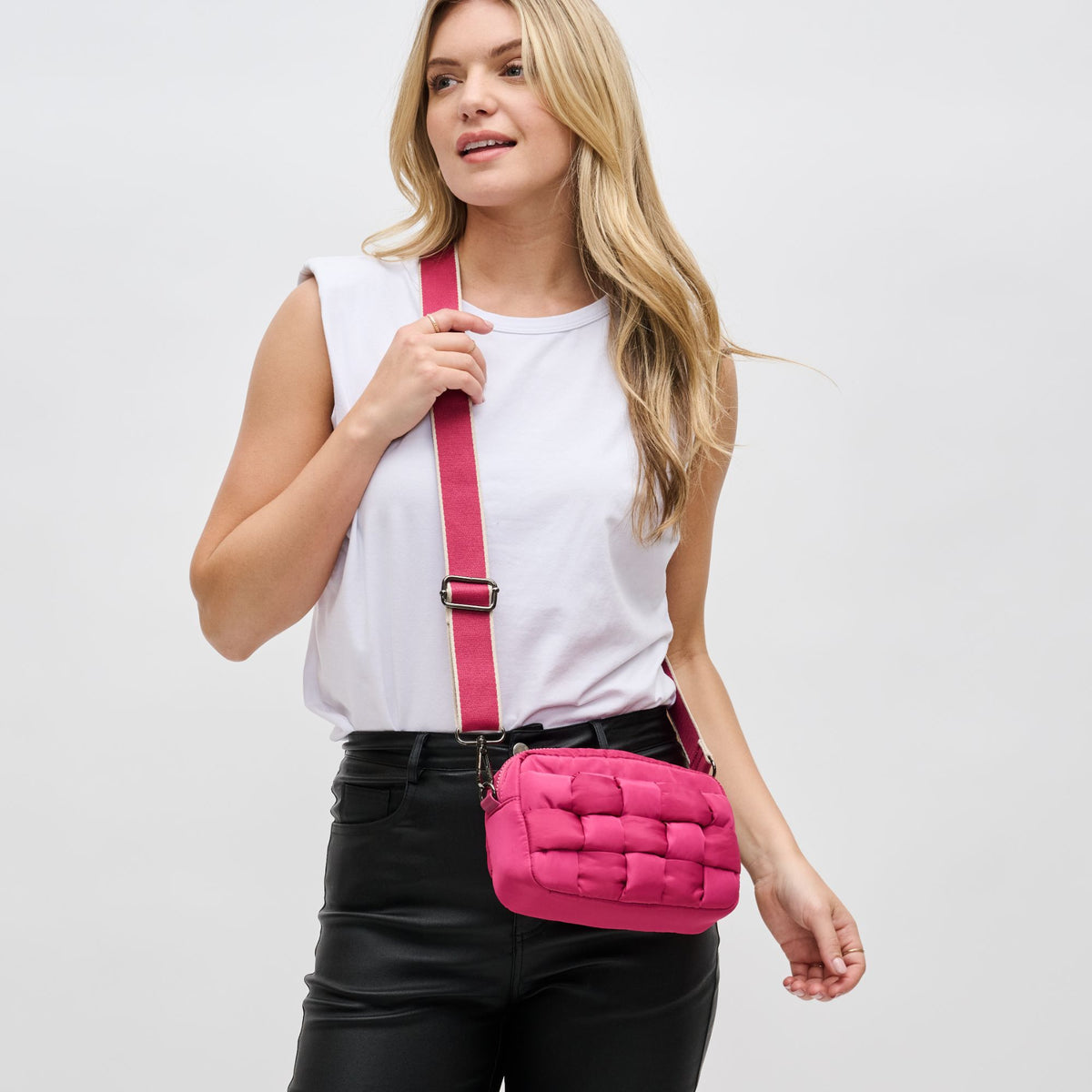 Woman wearing Magenta Sol and Selene Inspiration - Woven Nylon Crossbody 841764107600 View 2 | Magenta