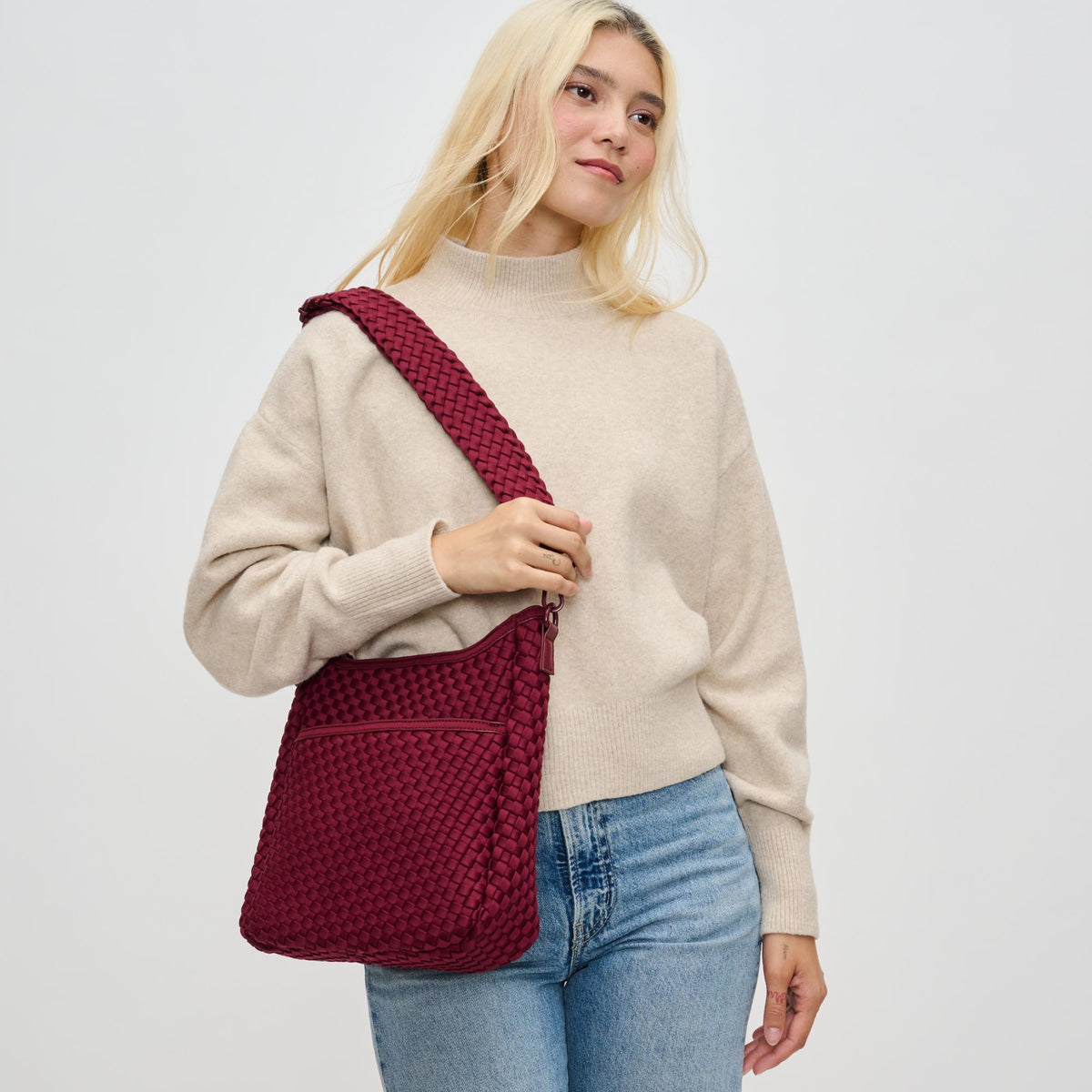 Woman wearing Wine Sol and Selene Kismet - Woven Neoprene Crossbody 841764110181 View 3 | Wine